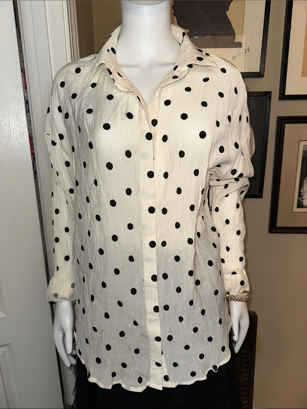 white birch Cream and Black Polka Dot Button-Down Blouse